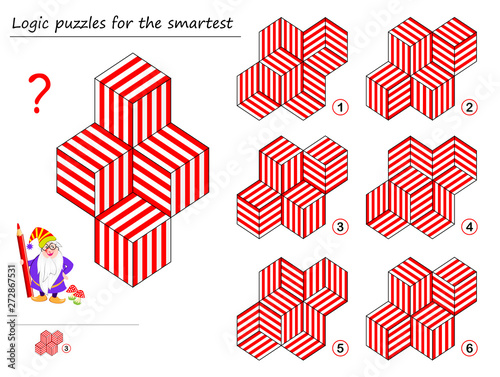 Logic puzzle game for smartest. Find template which corresponds to geometric figure. Printable page for brainteaser book. Developing spatial thinking. Vector cartoon image.