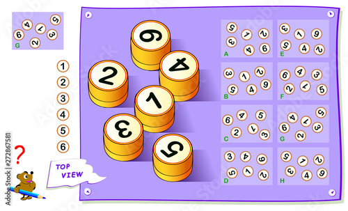 Logic puzzle game for kids. Need to find correct top view of numbers. Worksheet for school textbook. Printable page for brainteaser book. Development of children spatial thinking skills.