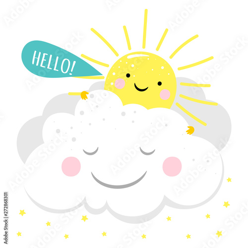 Cartoon character cute sun say hello vector printable card