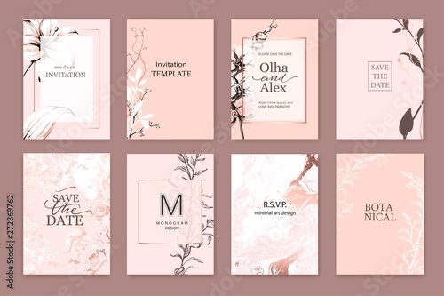 Set of elegant chic blush cards with pink lilies, white and rose gold marble texture. Wedding, save the date design.