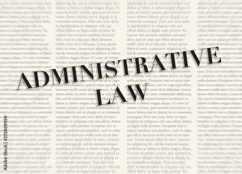 Fototapeta premium The word ADMINISTRATIVE LAW written and highlighted in front of blurred text columns on background of light yellow color
