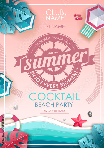 Summer beach party poster. Top view of tropic summer beach with ocean background. Paper cut out art design