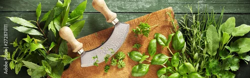 Panel kuchenny z motywem Mezzaluna knife on a chopping board with herbs