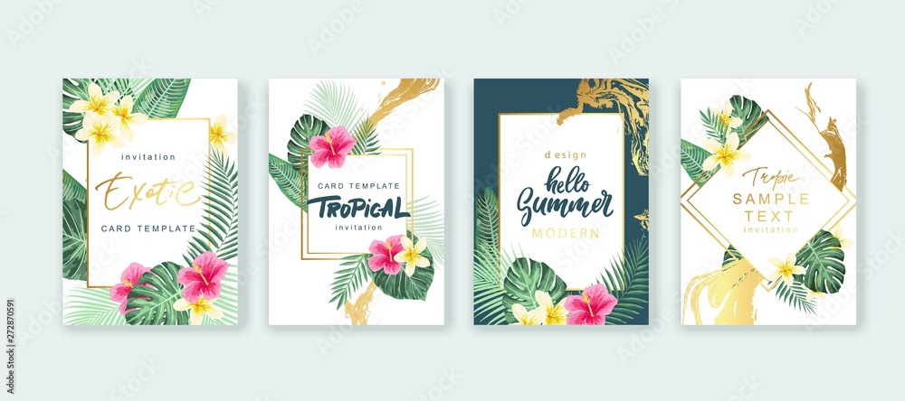 Fototapeta Projekt karty letniej. Zapisz datę. Egzotyczne tropikalne liście palmowe i kwiaty. Zaproszenie, plakat, szablon okładki. Rama geometryczna i kwiatowa.