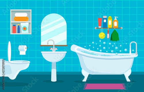 modern interior of bathroom and toilet. Hanging toilet, sink and bathroom with shower symbols of cleanliness . vector illustration