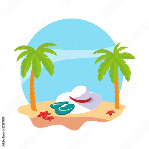 summer beach with palms and female hat scene