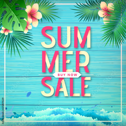 Typography summer big sale poster on wooden grunge background with tropic leaves