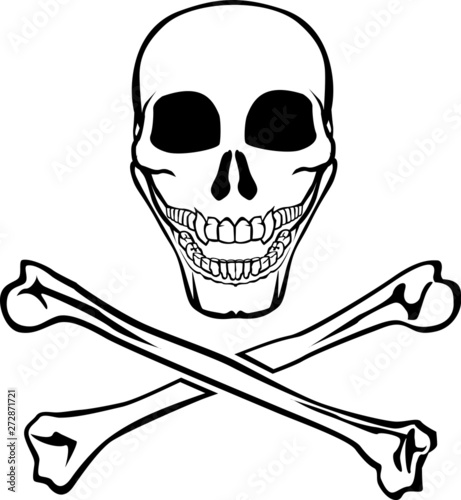 Jolly Roger. Skull with crossed bones. Monochrome vector, isolated, stylized image.