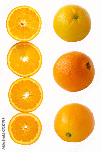 oranges cut into round slices and whole fruits isolated on white background. Tropical fruit