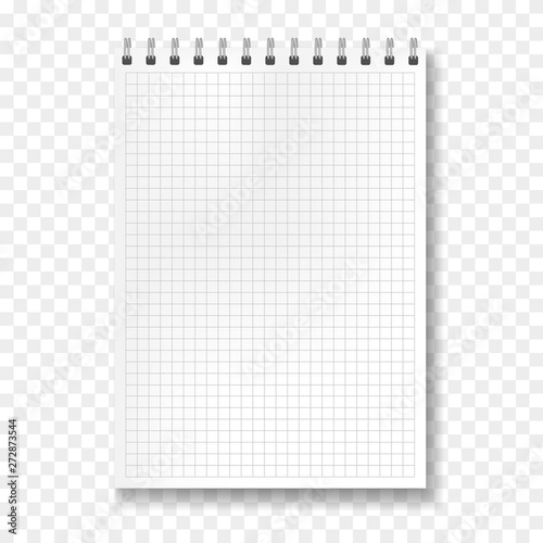 Realistic white vector vertical math ruled notebook template. Copybook with blank quad paper on metallic ring spiral binder, organizer mockup for your education or business text