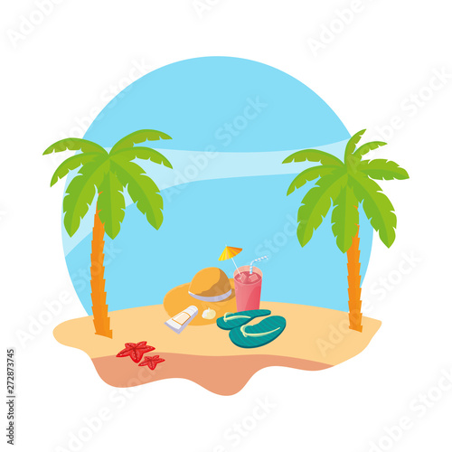 summer beach with palms and flip flops scene