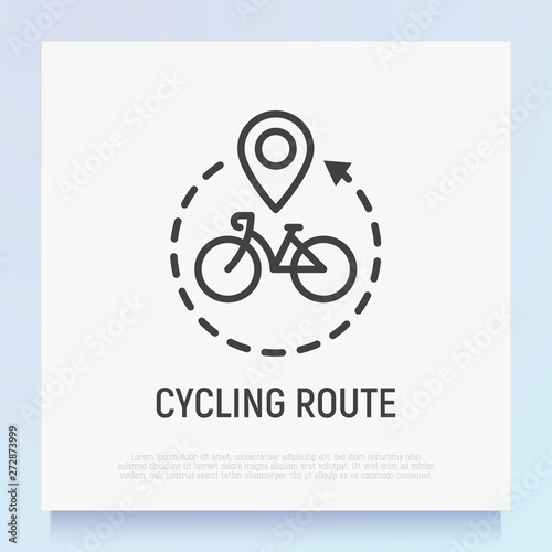 Cycling route: bicycle with pointer and arrow for direction. Thin line icon for travel tour. Modern vector illustration.