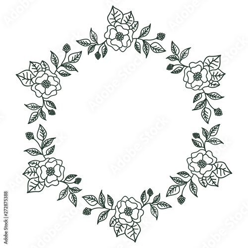 Wreath of black flowers on a white background. Round frame for the label. Decoration for wedding cards.