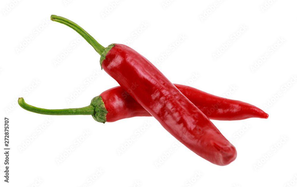 two hot red jalapeno peppers on white background