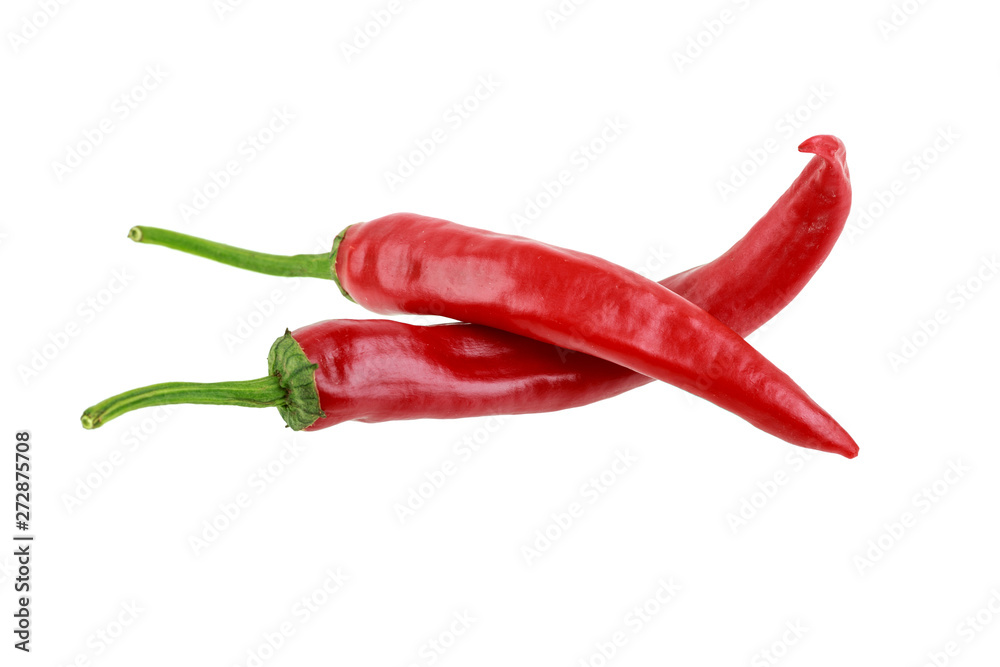 two hot red jalapeno peppers on white background
