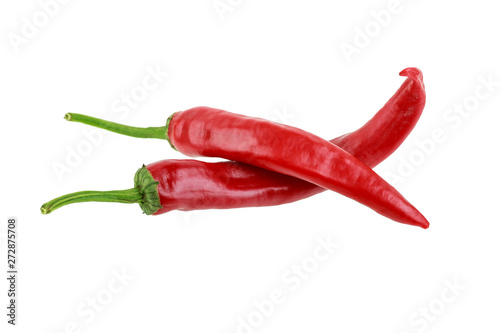two hot red jalapeno peppers on white background