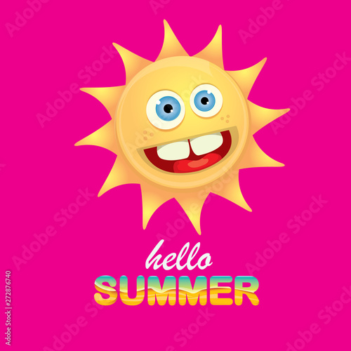 vector hello summer creative label with smiling shiny sun isolated on pink background. summer party background with funky sun character design template. vector summer icon