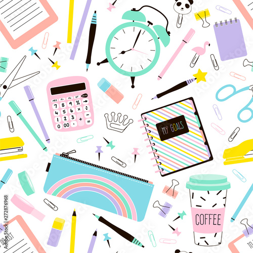 School supplies cartoon vector seamless pattern. Desk accessories hand drawn texture. Time management decorative backdrop. Planner book, calculator, alarm clock. Wallpaper, wrapping paper flat design