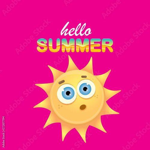 vector hello summer creative label with smiling shiny sun isolated on pink background. summer party background with funky sun character design template. vector summer icon