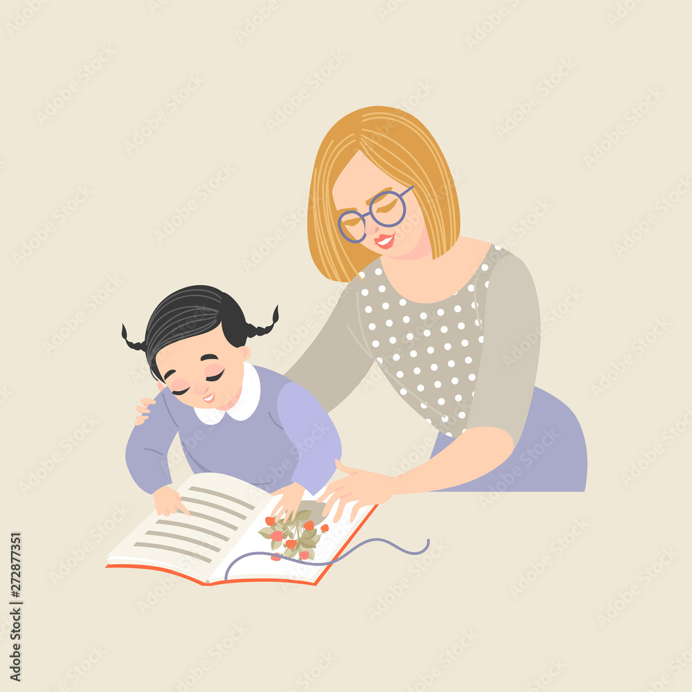 Young woman teaching little girl to read. Young woman teaching little girl to read.