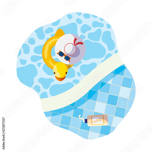edge of pool with duck float and hat scene