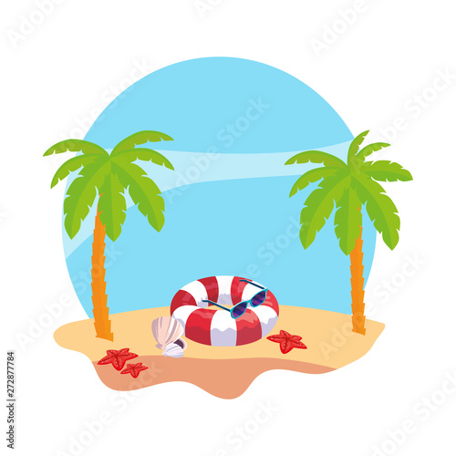 summer beach with palms and float scene