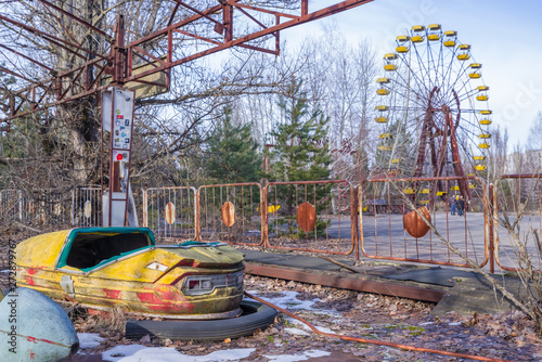 Abandoned amusement park in Pripyat, in Chernobyl Exclusion Zone, Ukraine photo