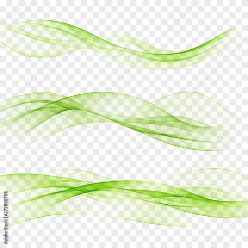 Set abstract color wave transparent green vector curve flow motion illustration smoke design lines