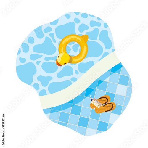 edge of pool with duck float and sandals scene