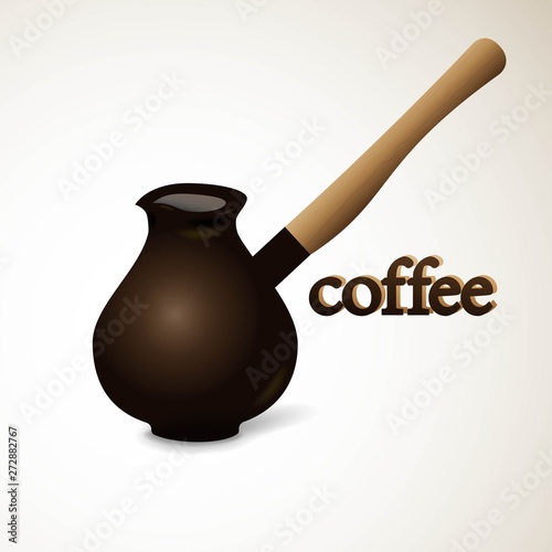 Coffee pot realistic turkish with turkish or arabic coffee cezve cup on white background. Vector illustration.