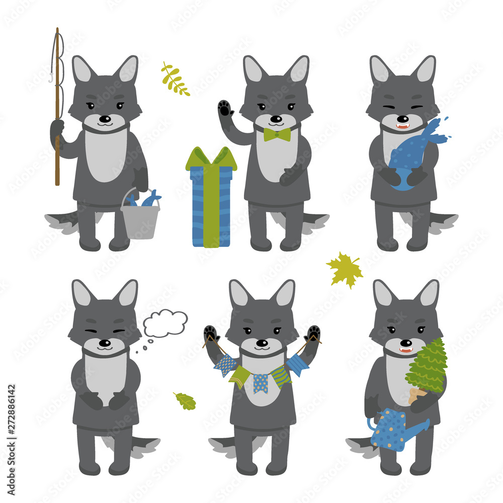 Set of cute wolf characters isolated on white background. Collection of autumn characters. Vector illustration in cartoon style. Set of cute wolf characters isolated on white background. Collection of autumn characters. Vector illustration in cartoon style.