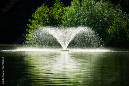 A small fountain in the lake. Against the backdrop of trees photo
