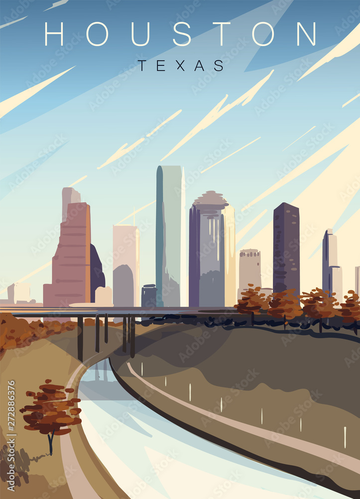 Houston modern vector poster. Houston, Texas landscape illustration.Top 20 most populated cities