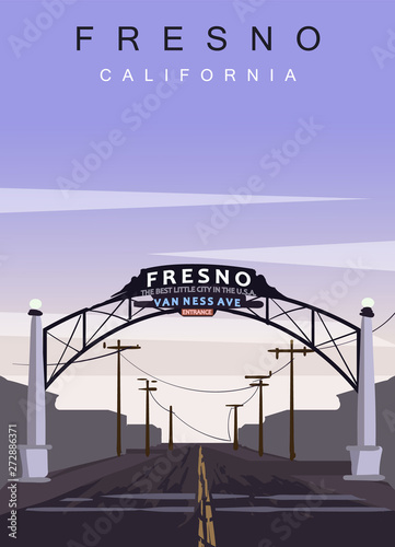 Fresno modern vector poster. Fresno, California landscape illustration. Top 30 most populated cities of the USA. photo