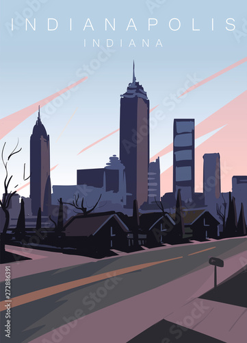 Indianapolis modern vector poster. Indianapolis, Indiana landscape illustration.Top 20 most populated cities of the USA.