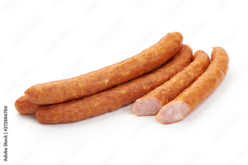 Smoked pork sausages, close-up, isolated on white background Smoked pork sausages, close-up, isolated on white background