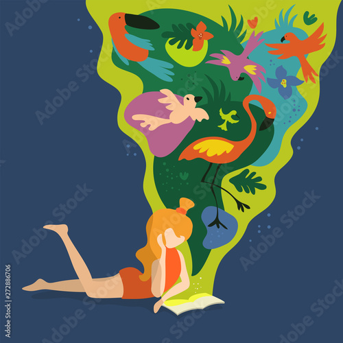 Vector illustration with girl reading magic book and dreaming. Imagination about summer in tropics, toucan, flamingo, parrot, colibri. Abstract template for banner, poster, flyer, presentation, blog.