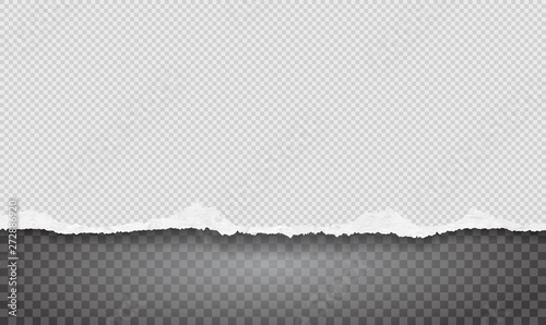 Piece of torn, ripped white grainy paper strip with soft shadow is on grey squared background. Vector template illustration