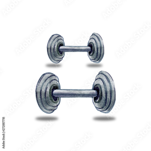Hand drawn watercolor illustration of fitness gray sport dumbbells for gymnastics on white background.Graphic design for print, decoration element