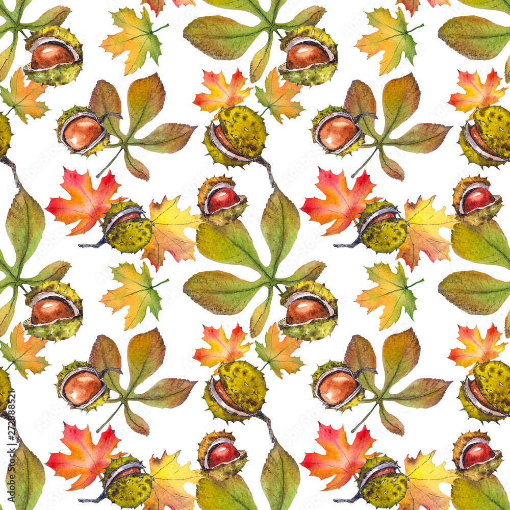 Seamless pattern with chestnuts and colorful autumn leaves. Watercolor on white background.