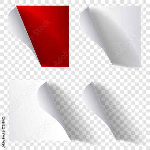 Set of realistic curled paper corners in white and red colors with shadows