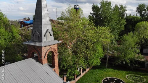 View of Jesus Evangelical Lutheran church that is located in the city center. view from quadcopter.