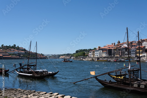 Port in old Porto with traditional boats, Portugal .