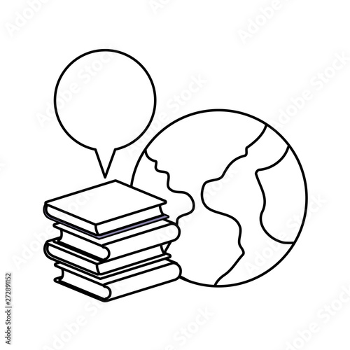pile of textbooks with planet earth and speech bubble