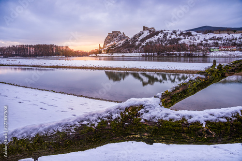Canvas Print Snow Covered Devin Castle Ruins above the Danube River in Bratislava, Slovakia a