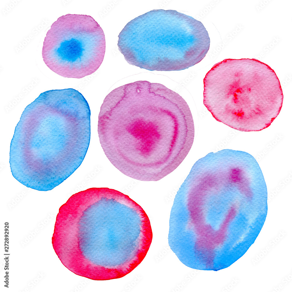 Watercolor abstract blue and pink stones isolated on white background. Hand painted watercolor stains.
