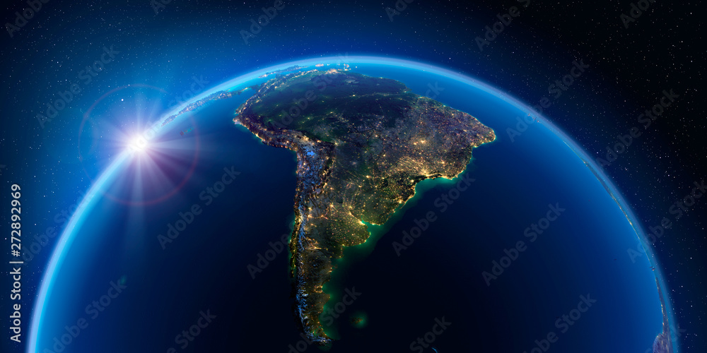 Earth at night and the light of cities. South America. - obrazy, fototapety, plakaty 