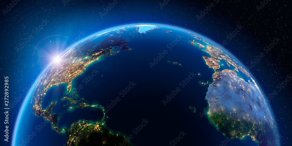 Earth at night and the light of cities. Atlantic Ocean.