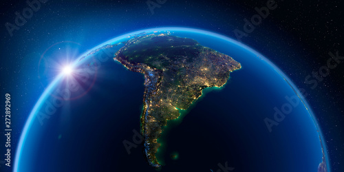 Earth at night and the light of cities. South America. photo