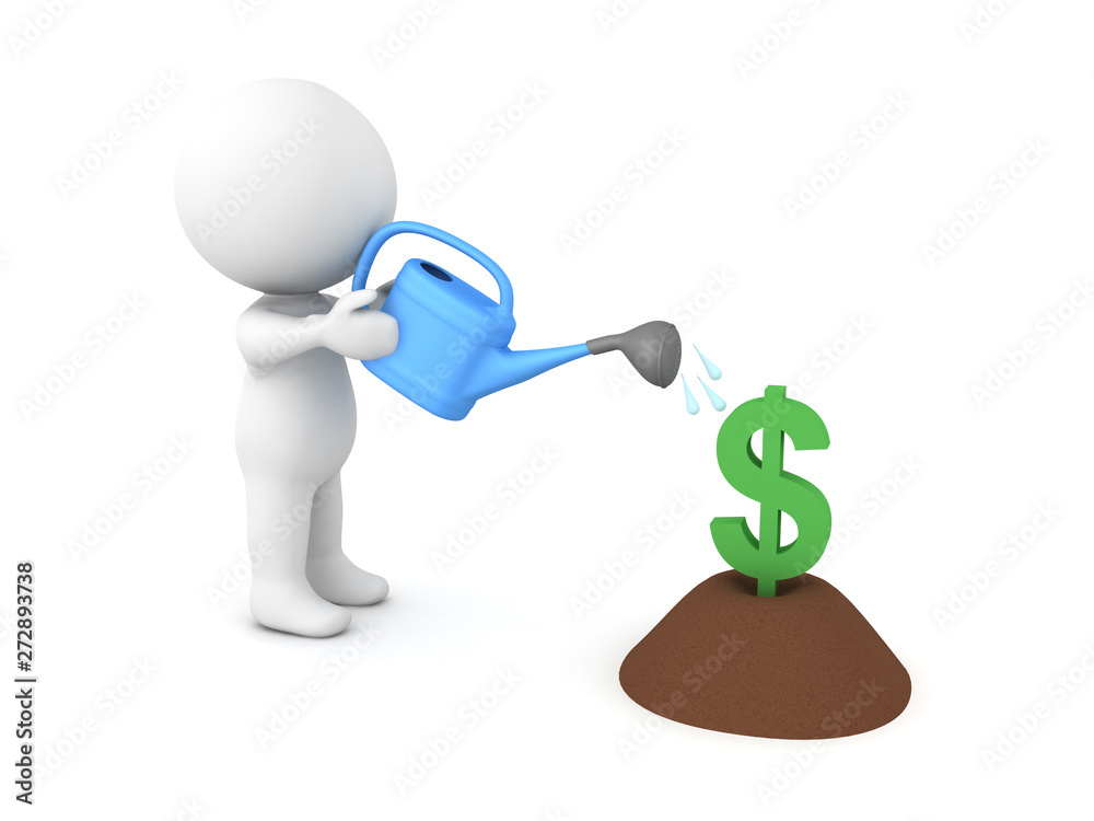 3D Character watering a dollar sign planted in soil 3D Character watering a dollar sign planted in soil